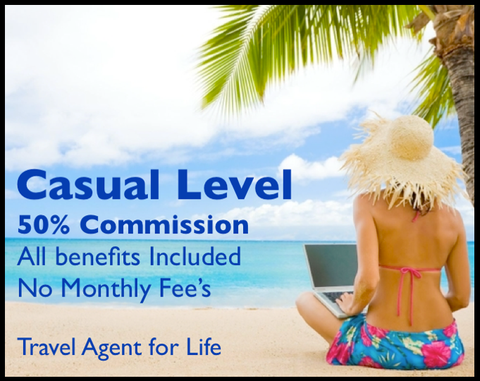Casual Agent Program﻿- Book travel for yourself, family and friends.  Get the lowest Agency pricing and never have to price shop again!  This is fun and easy for everyone. 50% commission - No monthly fee.